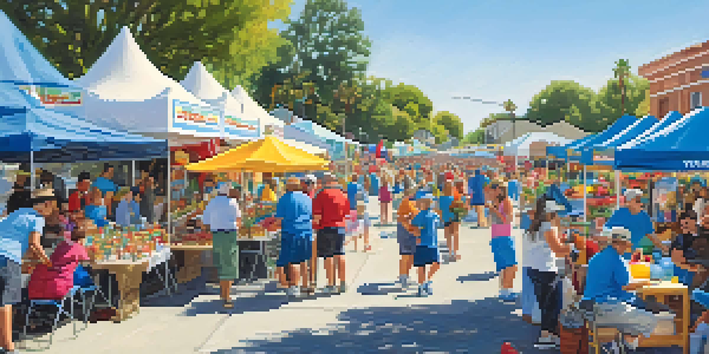 A lively outdoor community event setup with volunteers interacting and colorful booths.