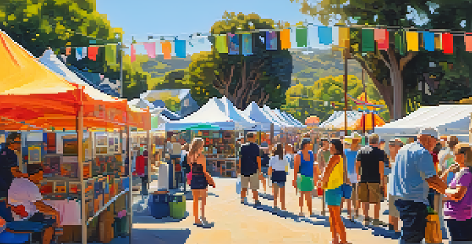 An outdoor art festival in a park with colorful art booths, families interacting, and greenery in the background.