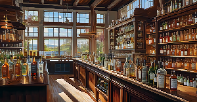 A rustic distillery interior with a wooden tasting bar, sunlight streaming through windows, and a distiller preparing a cocktail with fresh herbs.