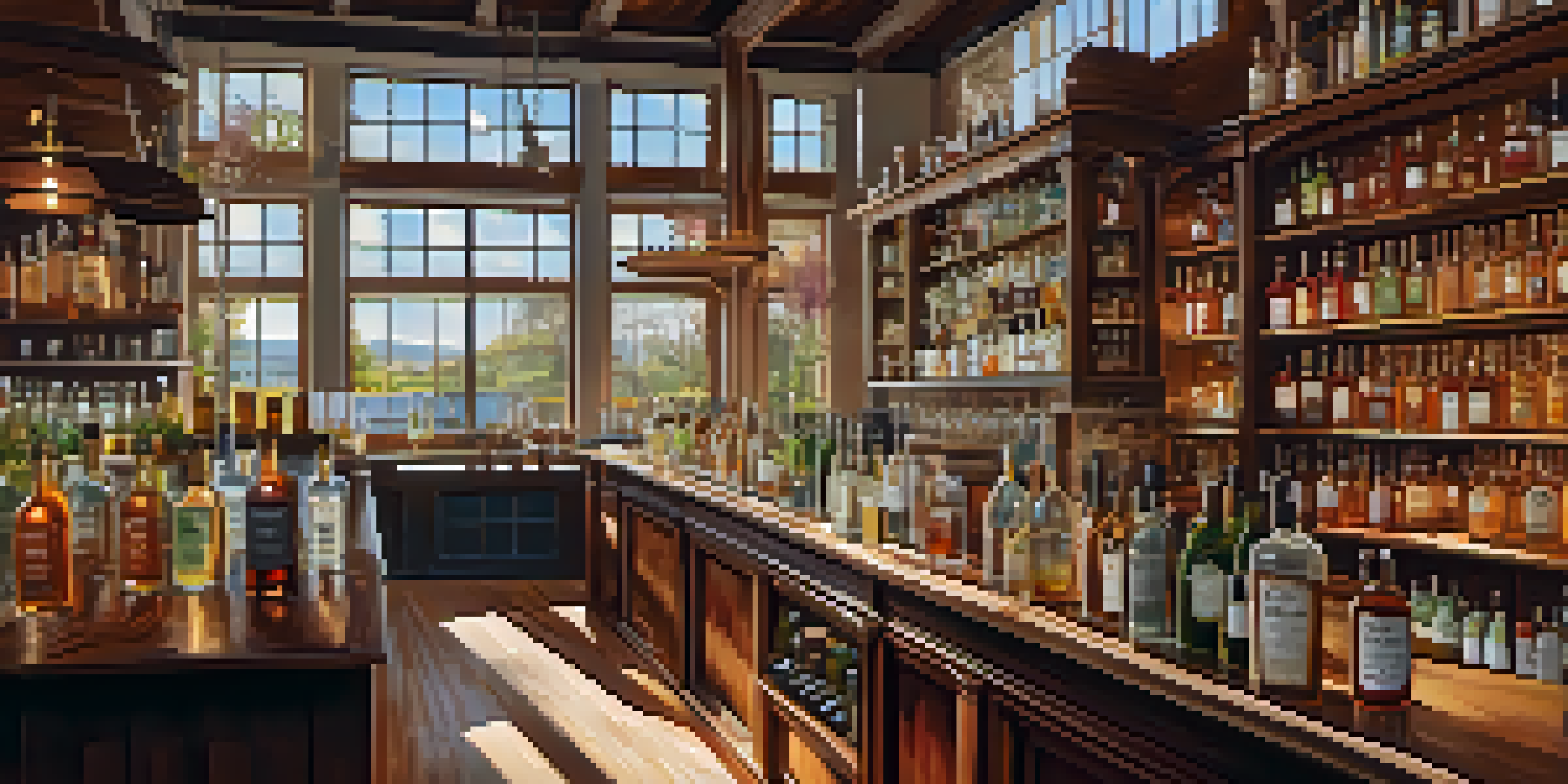 A rustic distillery interior with a wooden tasting bar, sunlight streaming through windows, and a distiller preparing a cocktail with fresh herbs.