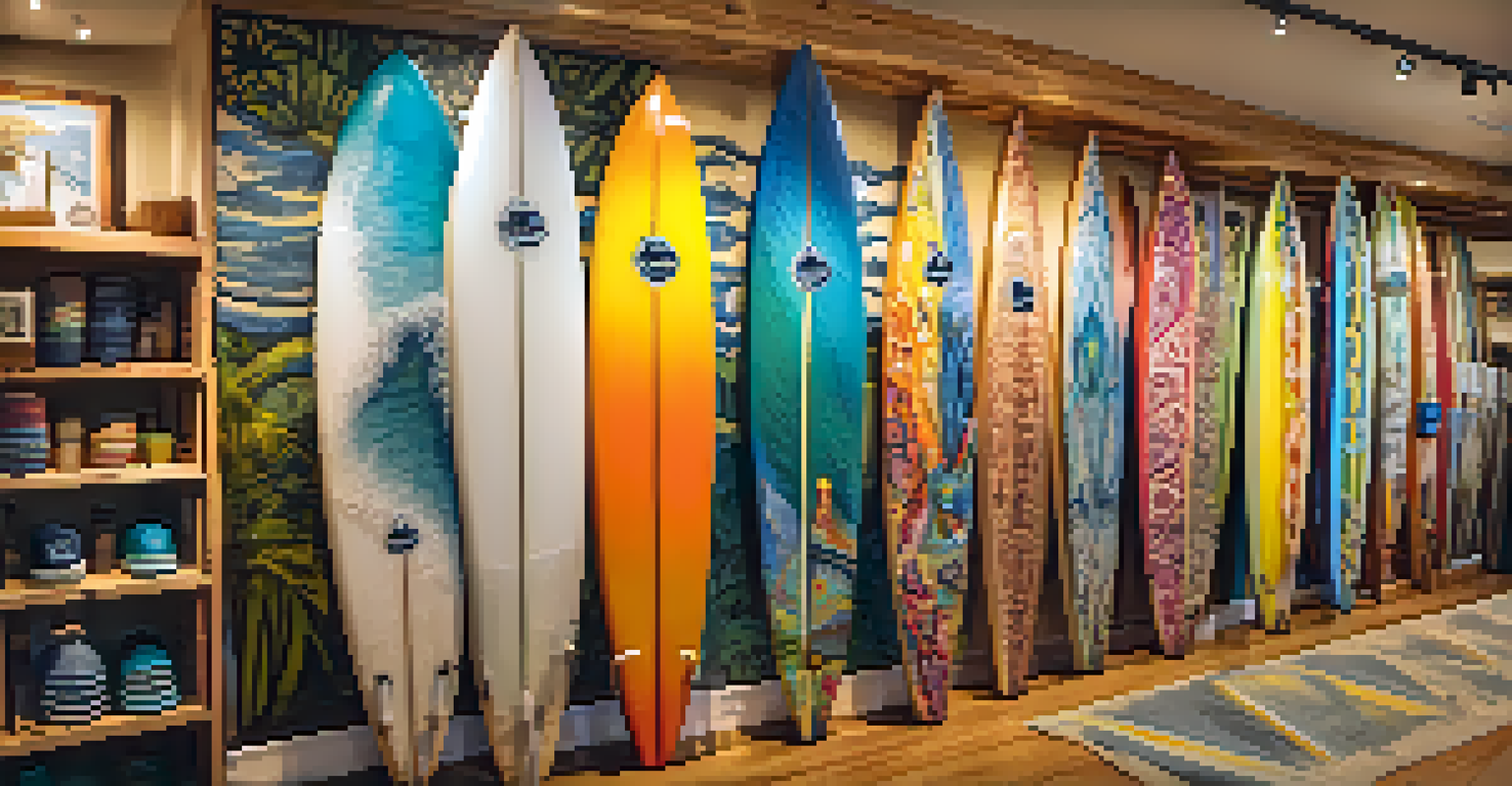 Close-up of a colorful custom surfboard with intricate designs in a surf shop.
