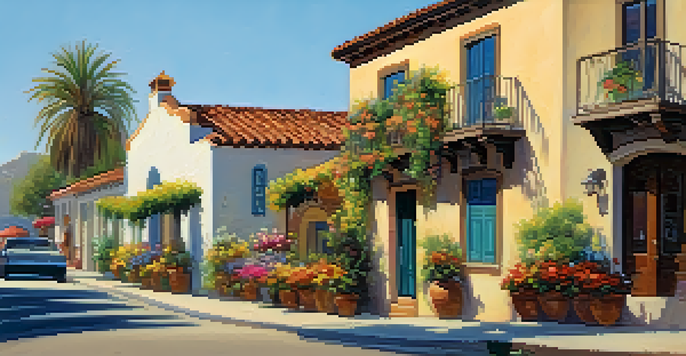 A scenic view of a historic street in Old Carlsbad with Spanish-style buildings and blooming flowers, featuring a couple walking.