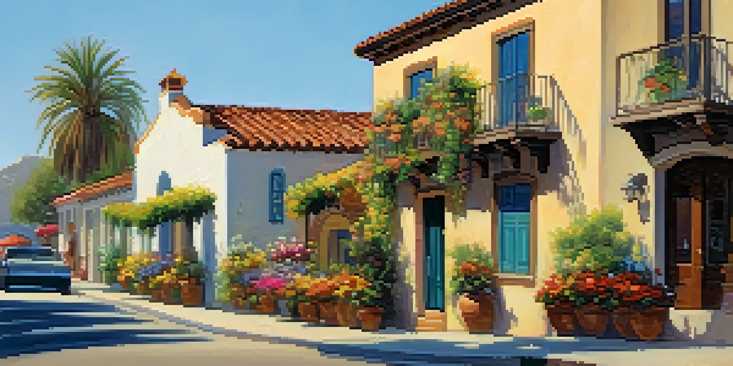 A scenic view of a historic street in Old Carlsbad with Spanish-style buildings and blooming flowers, featuring a couple walking.