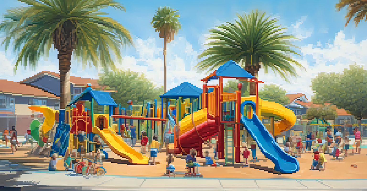 Children enjoying recess on a colorful playground at an elementary school, with palm trees and a blue sky in the background.