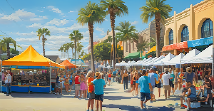 An outdoor art festival in Carlsbad with local artists, colorful booths, a sunny beach, and visitors enjoying the event.
