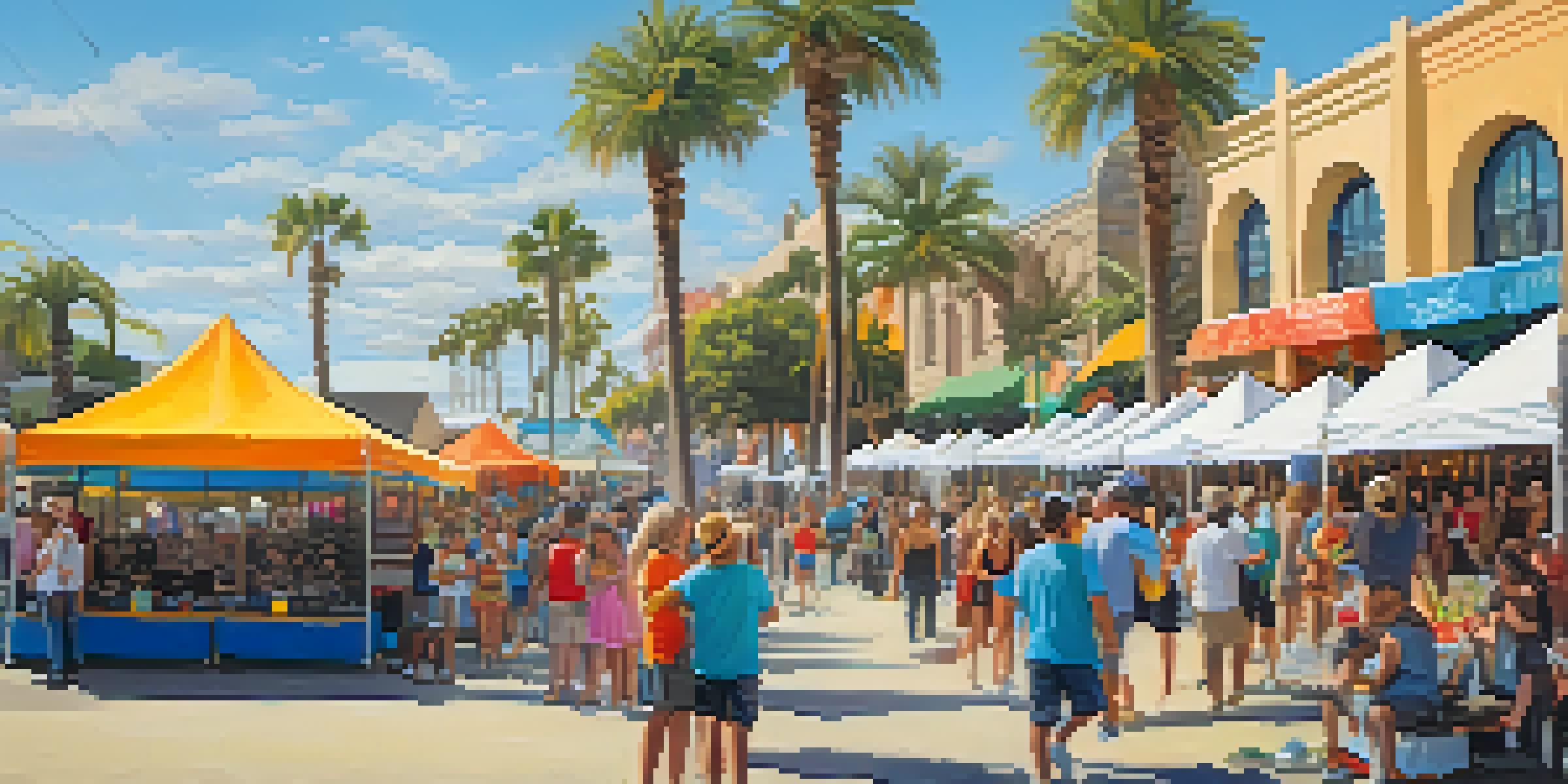 An outdoor art festival in Carlsbad with local artists, colorful booths, a sunny beach, and visitors enjoying the event.