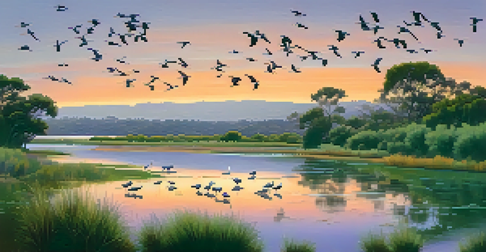 A tranquil lagoon scene at sunset with herons and egrets by the water, surrounded by green plants and colorful sky.