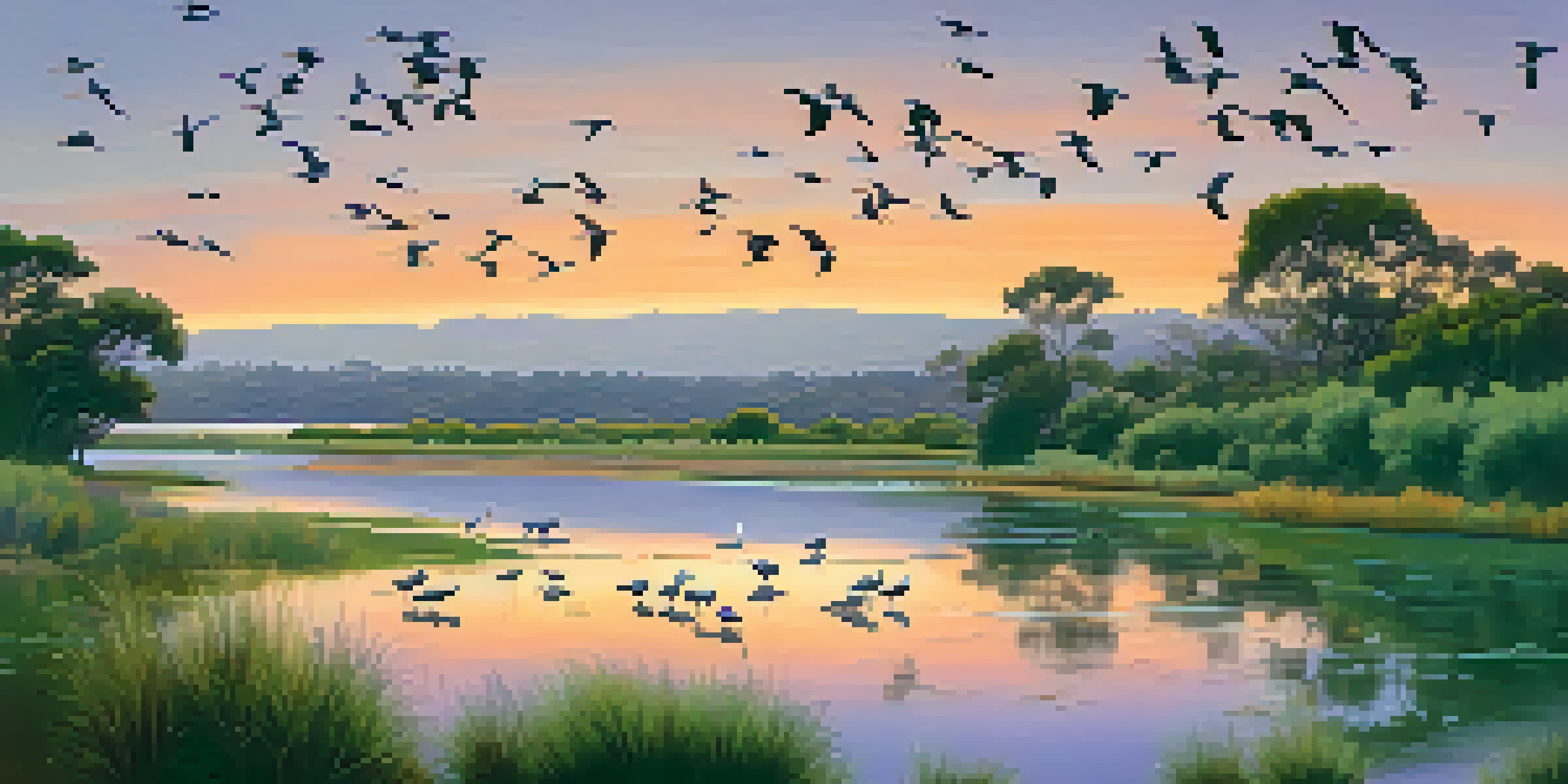 A tranquil lagoon scene at sunset with herons and egrets by the water, surrounded by green plants and colorful sky.