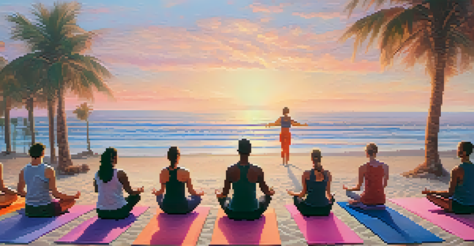 A group of people practicing yoga on the beach during sunset, with colorful mats and a beautiful sky.