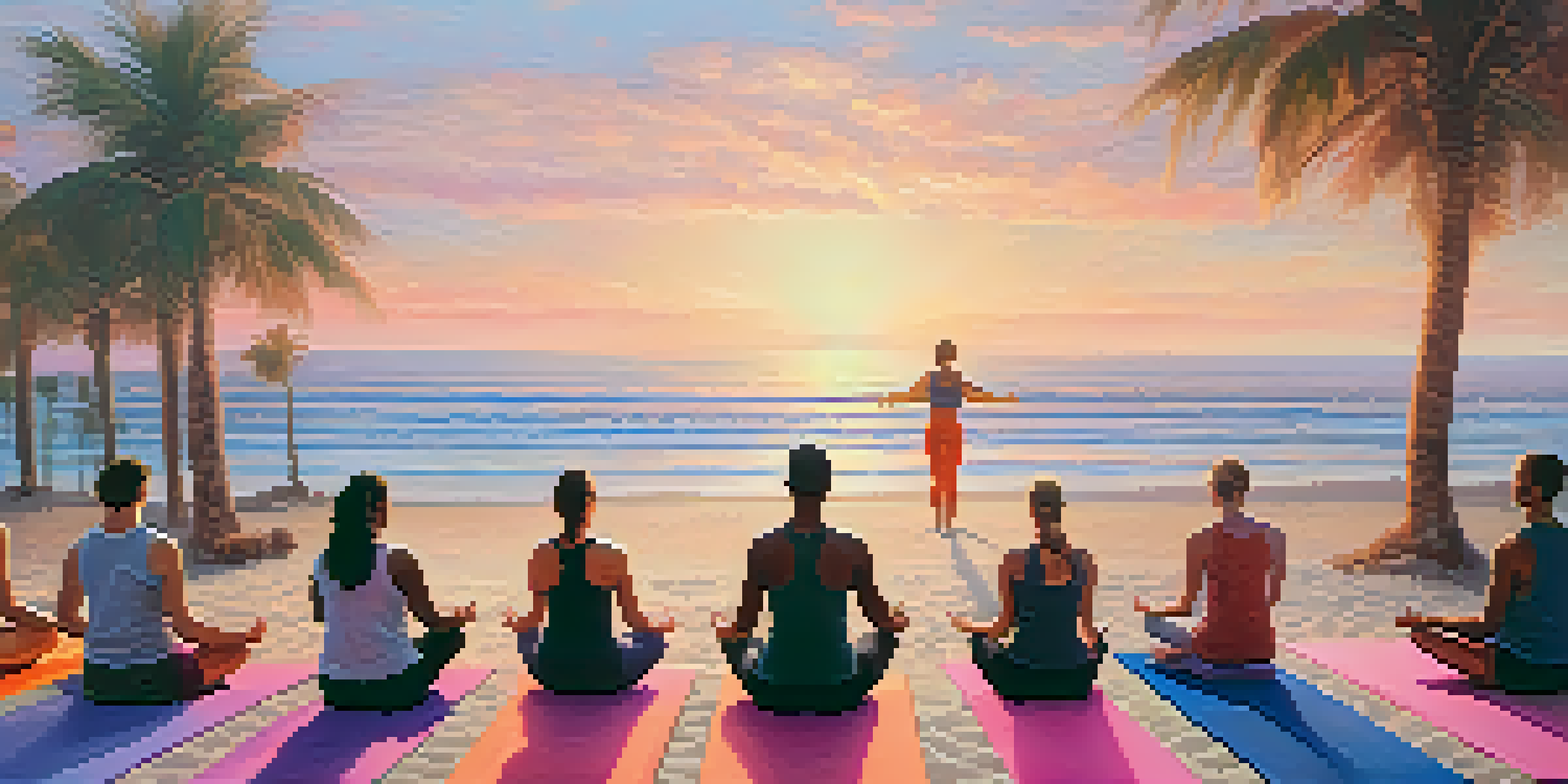 A group of people practicing yoga on the beach during sunset, with colorful mats and a beautiful sky.