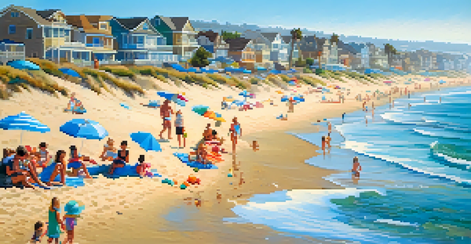 Families enjoying a sunny day at the beach in Carlsbad, California, with children building sandcastles and colorful beach umbrellas.