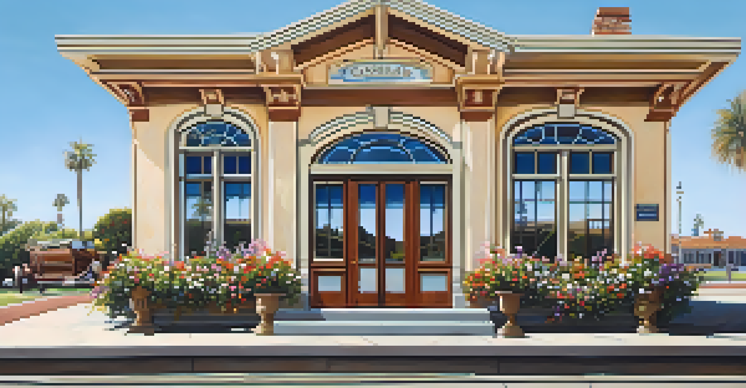 A close-up of the historic Carlsbad Depot with classic architectural details and a vintage bench surrounded by blooming flowers under a clear blue sky.