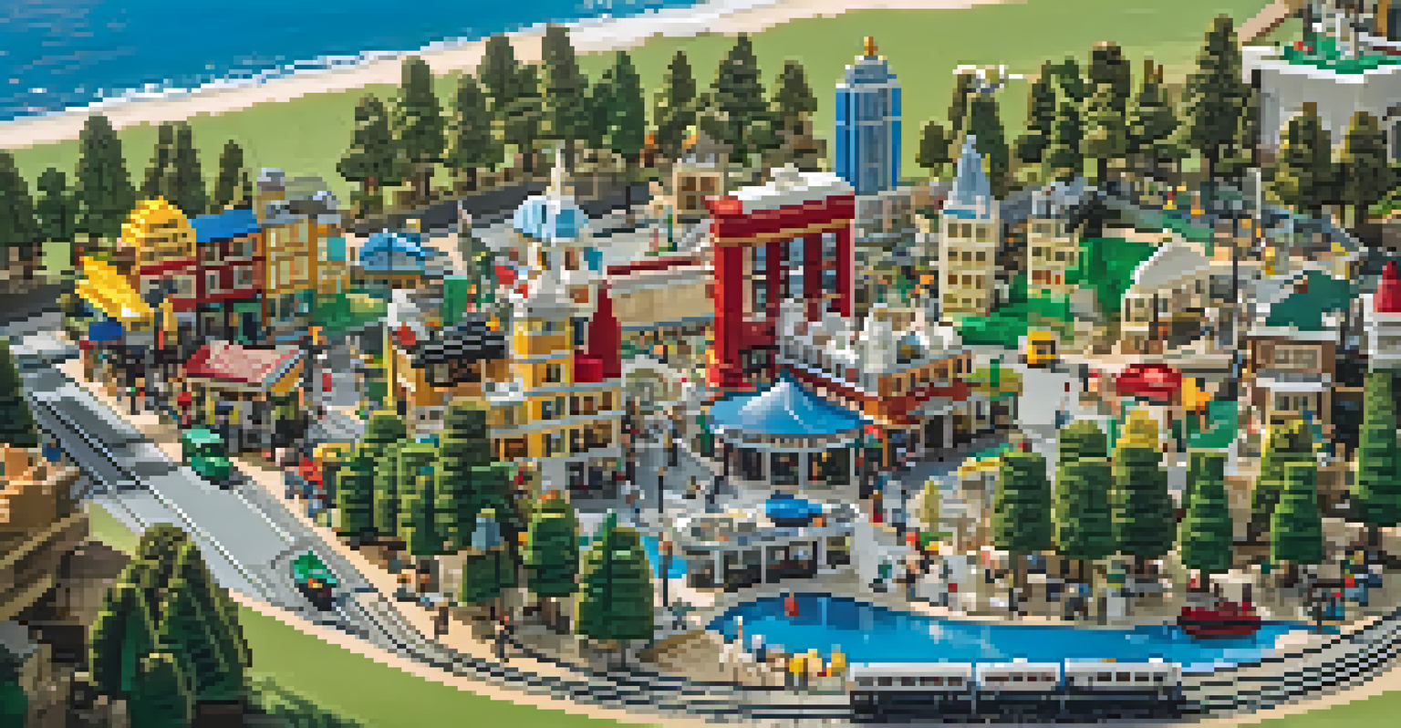Families exploring Miniland USA at Legoland California with miniature Lego replicas of famous American cities.