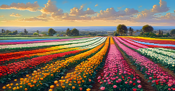 A wide landscape of colorful ranunculus flowers in Carlsbad, with a blue sky and golden sunlight illuminating the scene.