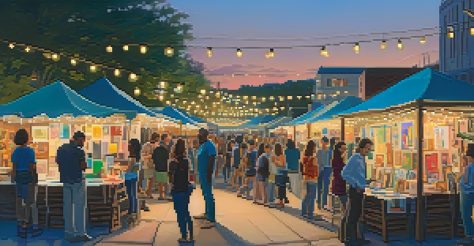 A lively art walk with people engaging and admiring colorful artworks under string lights at dusk.