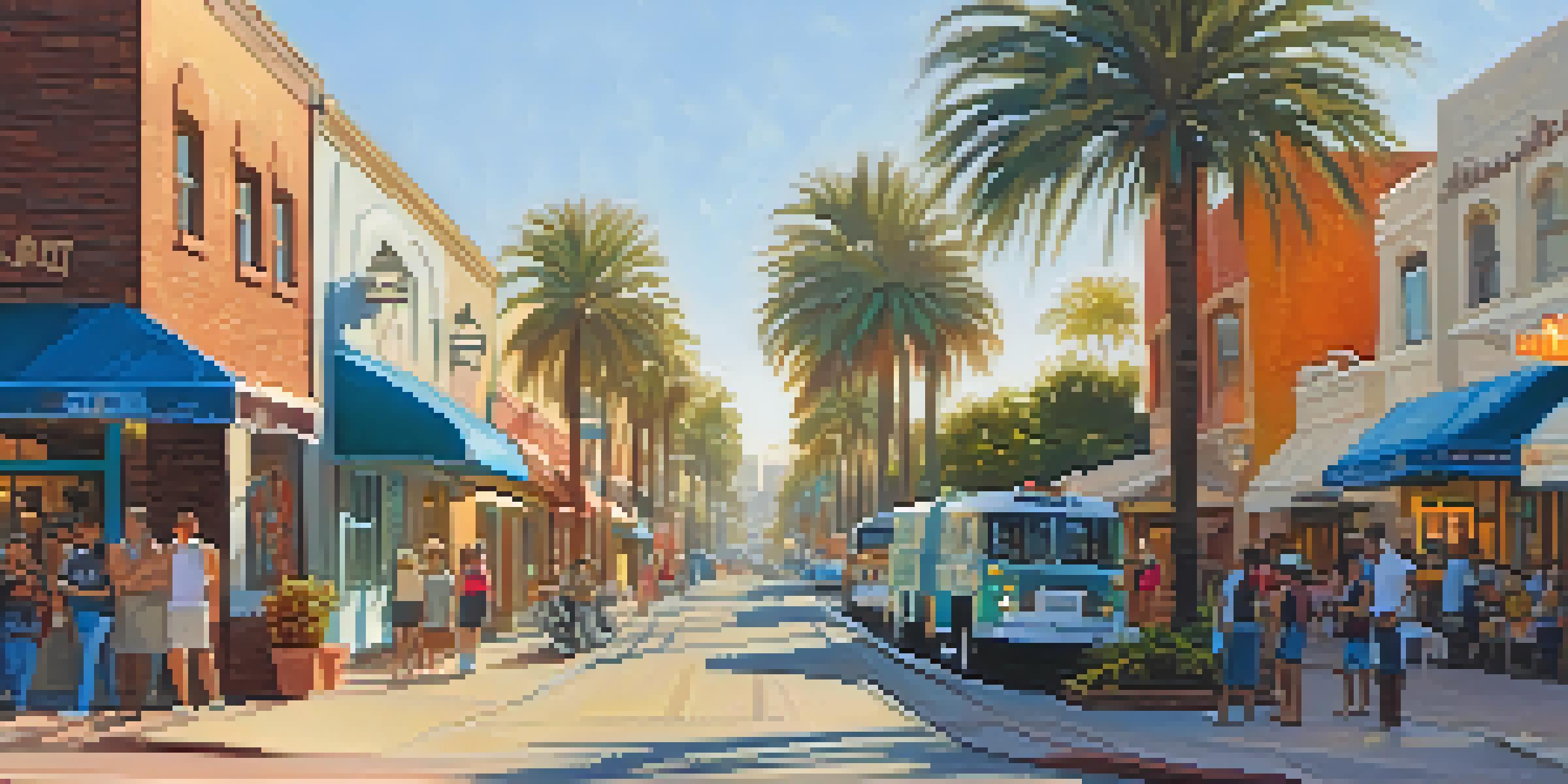A lively street in Carlsbad Village filled with colorful murals, local artists painting, and street performers, under warm golden sunlight.