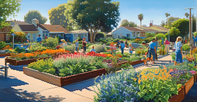 A diverse group of people gardening together in a sunny community garden filled with native plants and flowers.