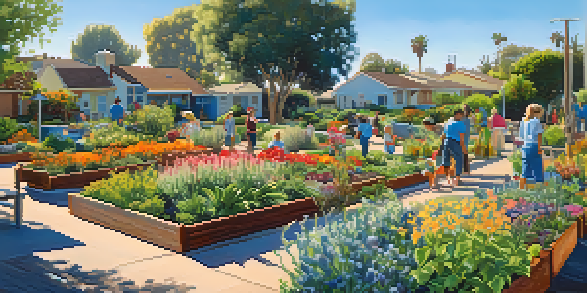 A diverse group of people gardening together in a sunny community garden filled with native plants and flowers.