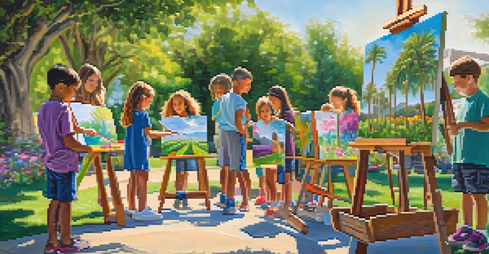 Children happily painting outdoors in a community art class surrounded by nature.