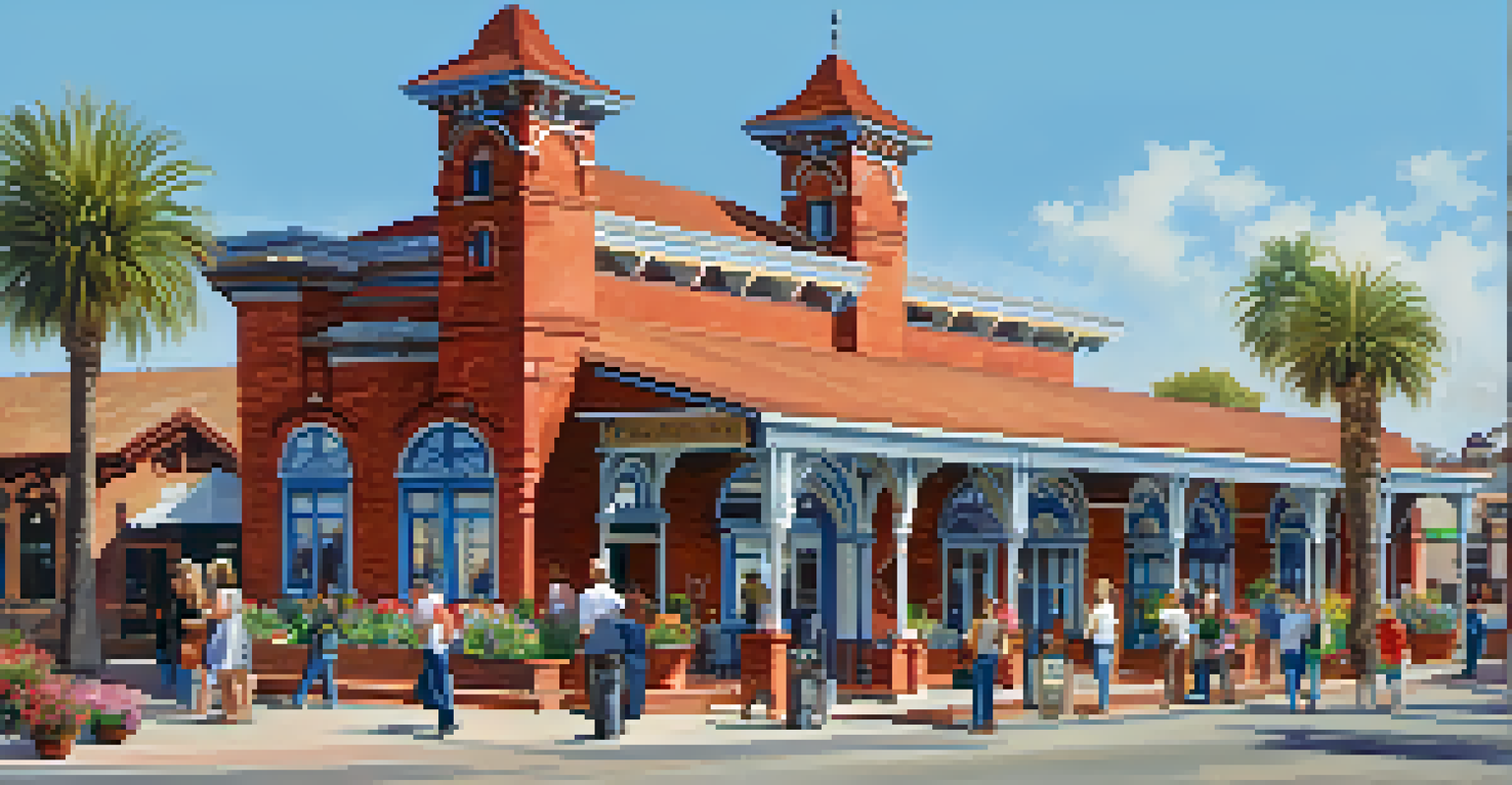 Exterior view of Carlsbad Depot with red-brick façade and archways, featuring locals and blooming flowers in planters.