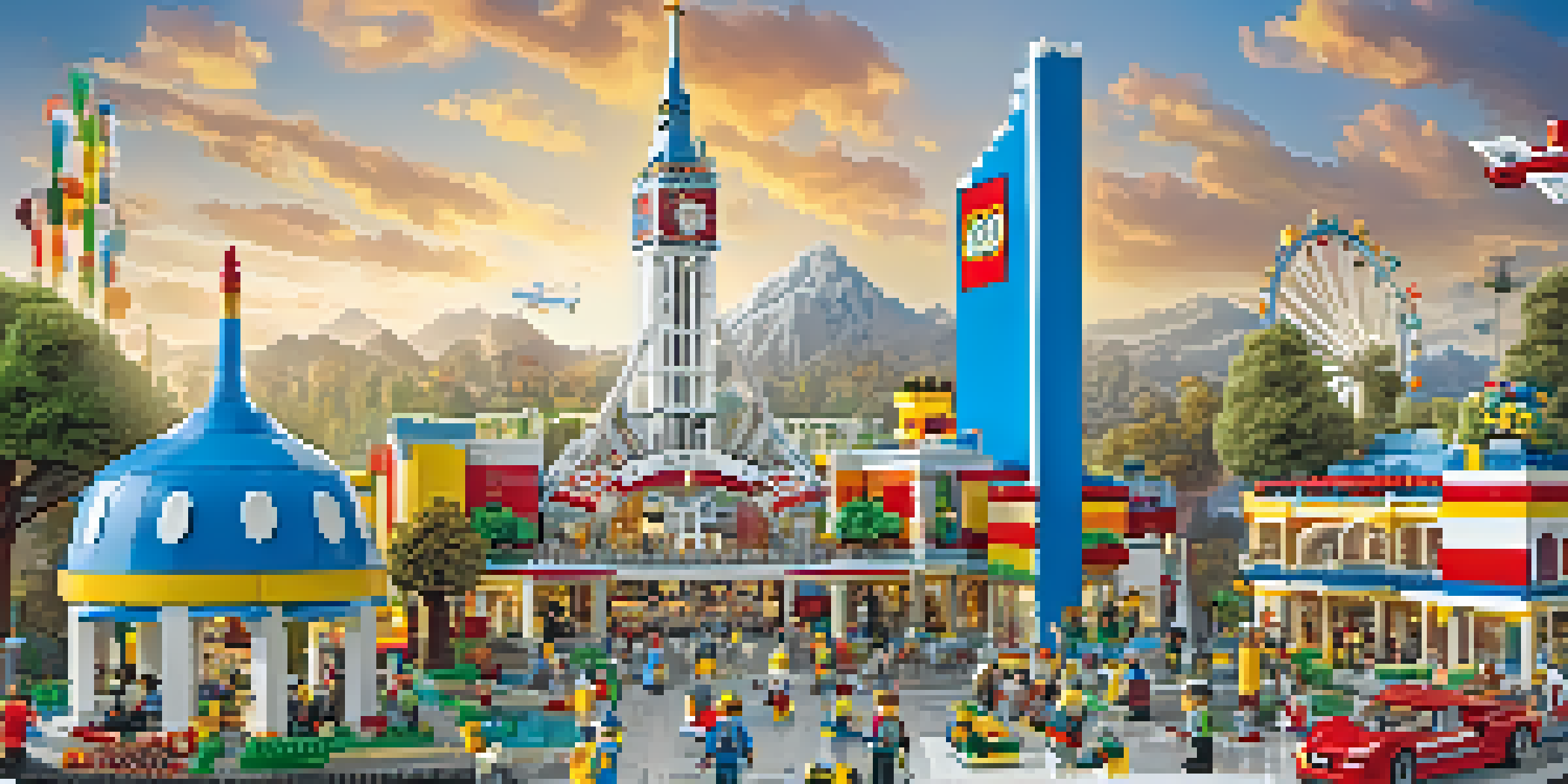 A joyful family at Legoland California, with a child holding a Lego model and iconic Lego landmarks in the background.