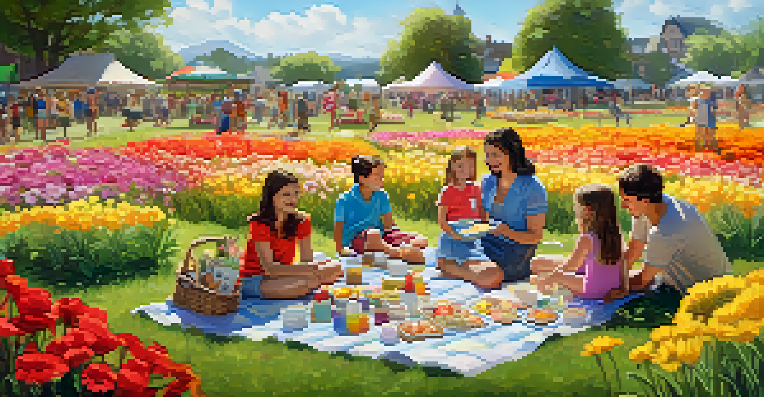 Families enjoying the Flower Fields Festival with children participating in activities and a picnic blanket with food items.