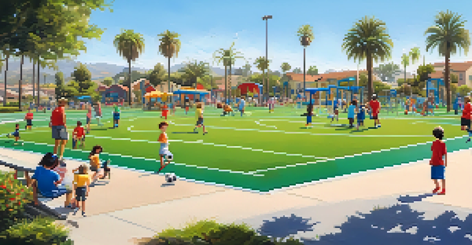 A lively community sports park with soccer fields, families cheering, and colorful playground equipment surrounded by greenery.