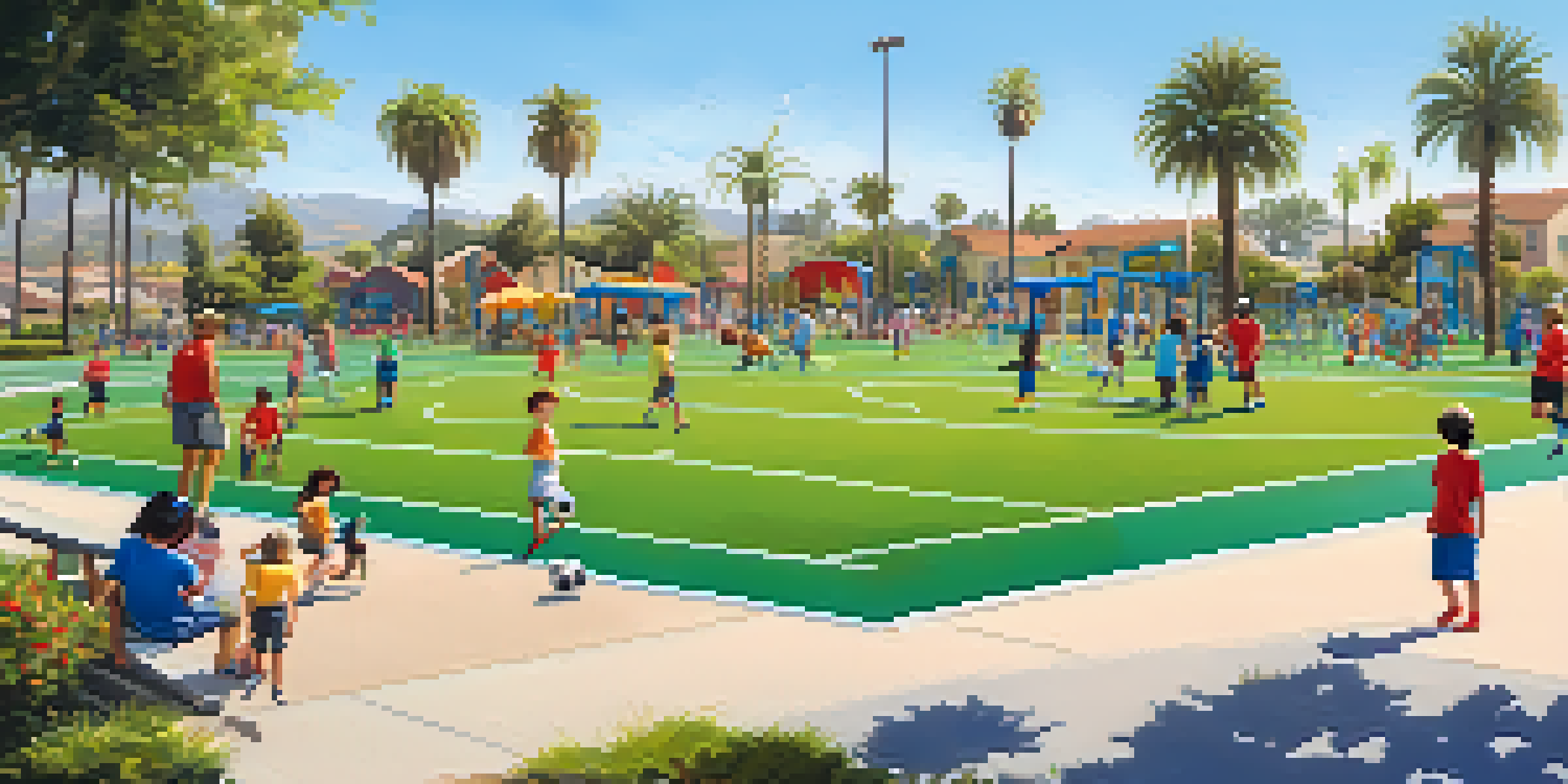 A lively community sports park with soccer fields, families cheering, and colorful playground equipment surrounded by greenery.