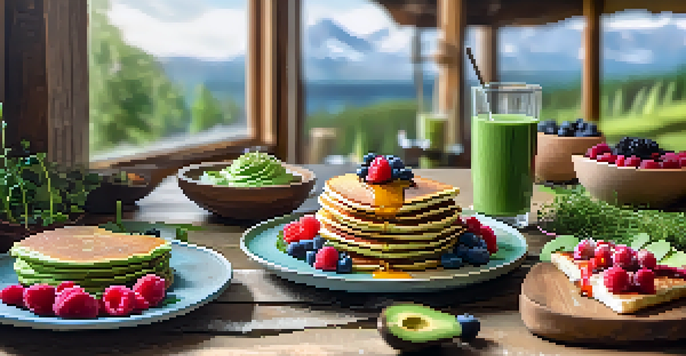 A colorful vegan brunch spread with pancakes, avocado toast, and a green smoothie on a wooden table.