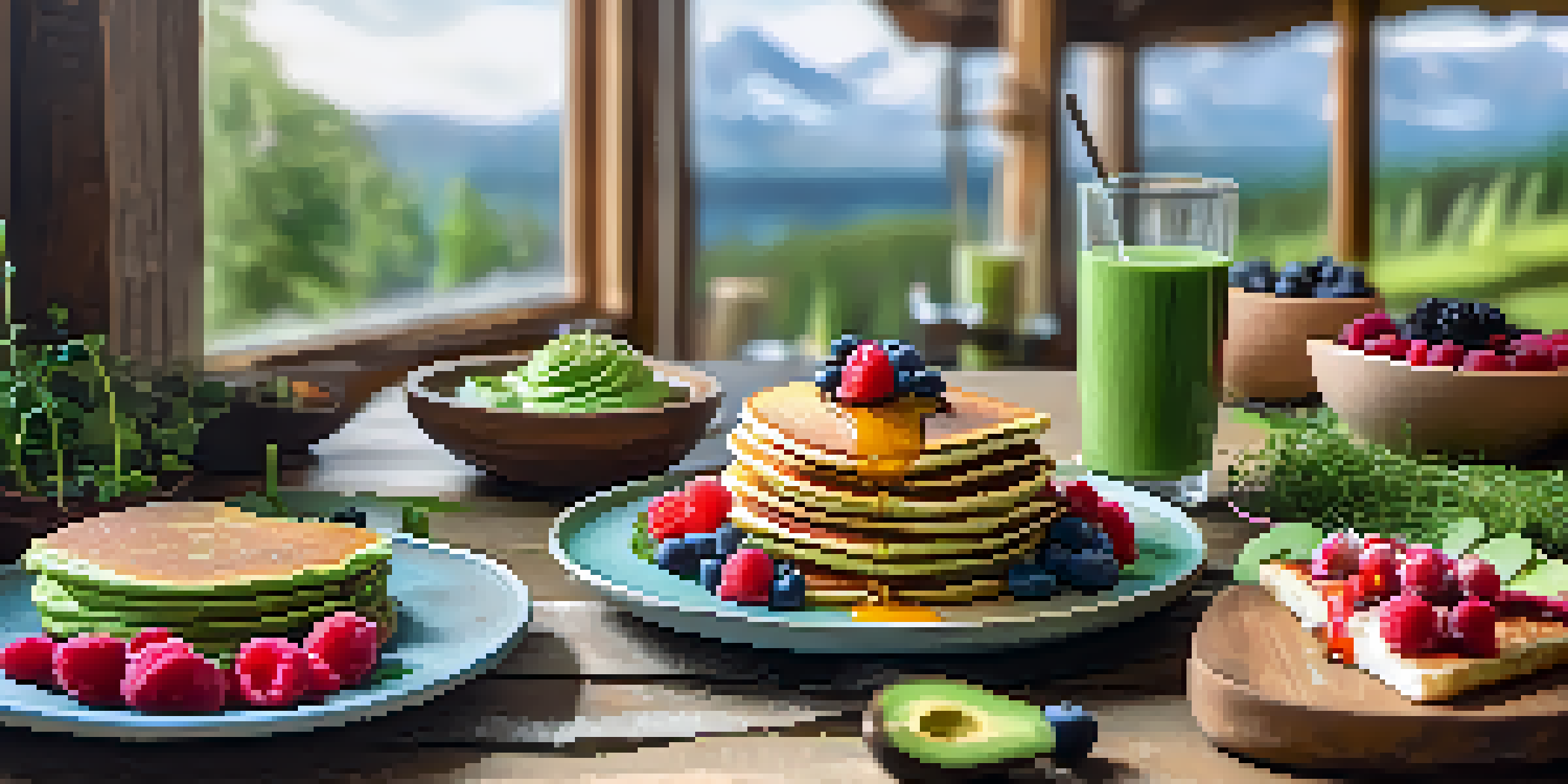 A colorful vegan brunch spread with pancakes, avocado toast, and a green smoothie on a wooden table.