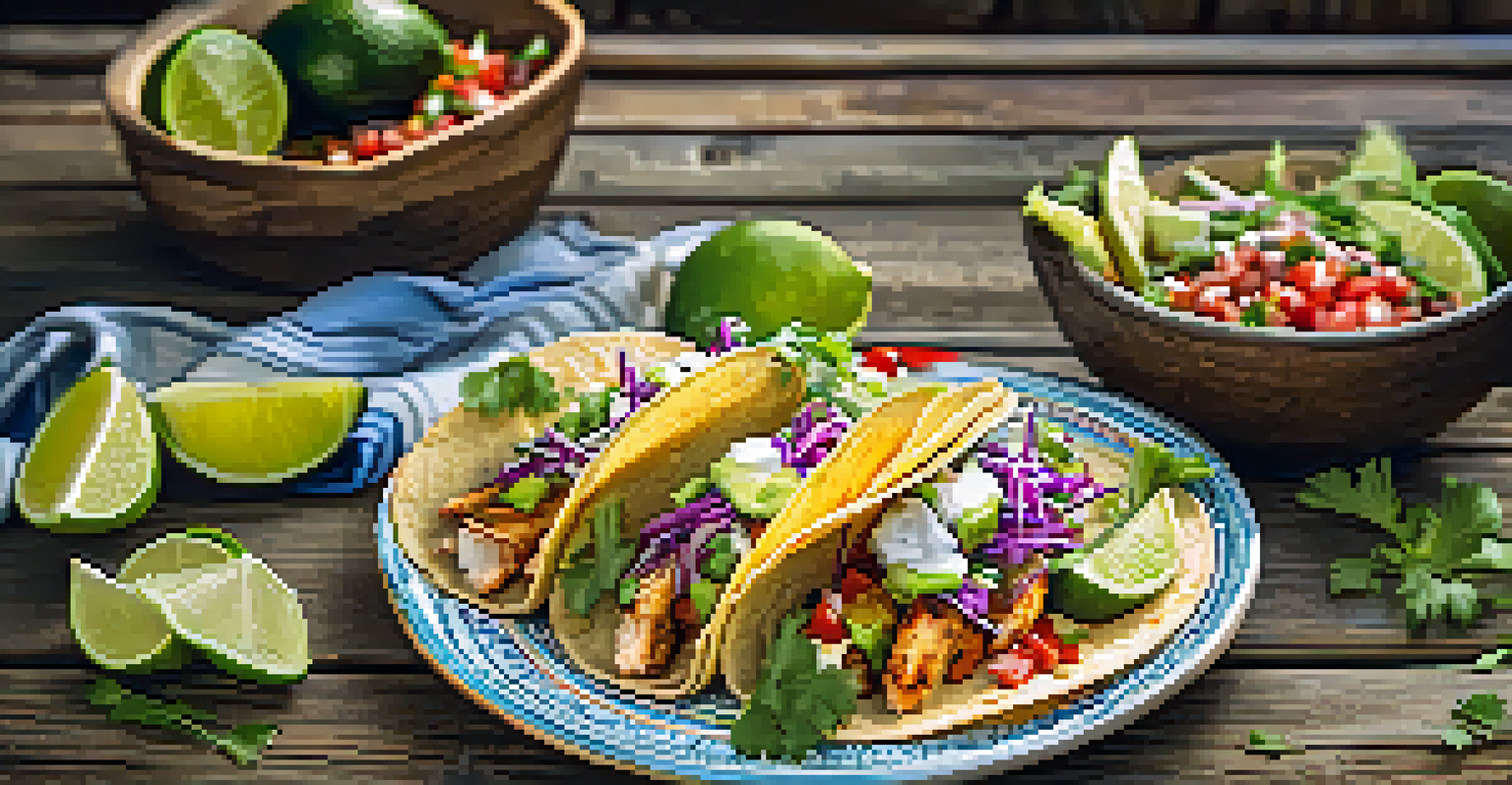 A delicious plate of fish tacos with grilled fish, salsa, and avocado on a wooden table.