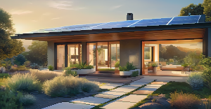 A modern sustainable house surrounded by greenery, with solar panels on the roof and drought-resistant plants in the garden, illuminated by warm golden sunlight.