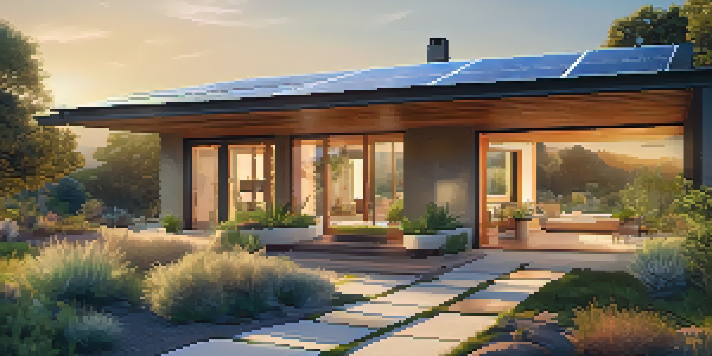 A modern sustainable house surrounded by greenery, with solar panels on the roof and drought-resistant plants in the garden, illuminated by warm golden sunlight.