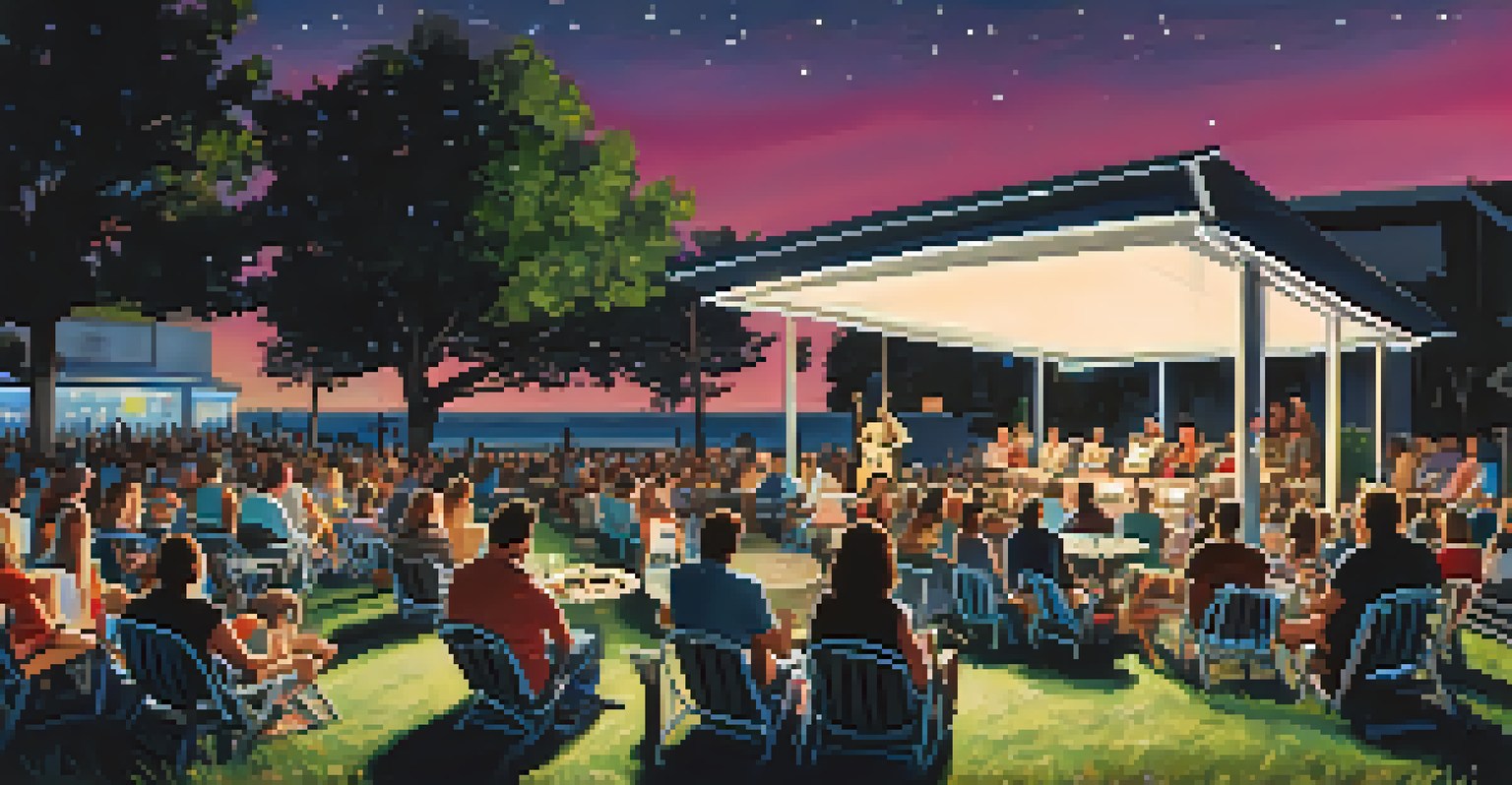 An outdoor summer concert in the Carlsbad Theater District with a local band and a festive audience.