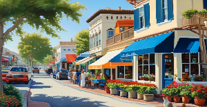 A vibrant street scene in Carlsbad's Village Neighborhood featuring historic buildings, shops, and cafes under a clear blue sky.