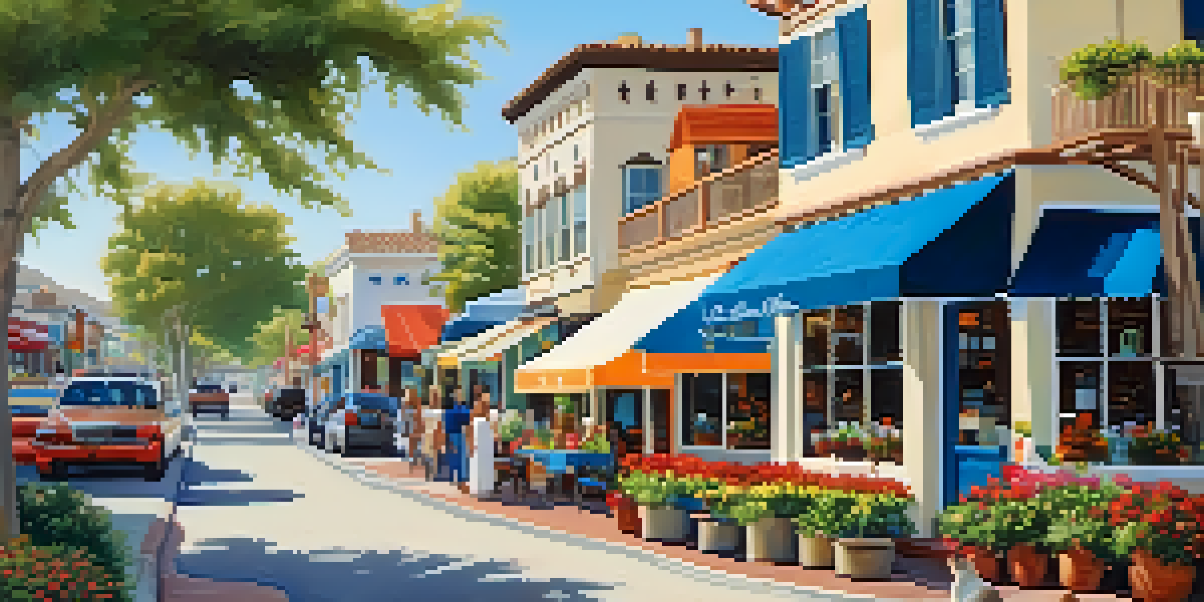 A vibrant street scene in Carlsbad's Village Neighborhood featuring historic buildings, shops, and cafes under a clear blue sky.