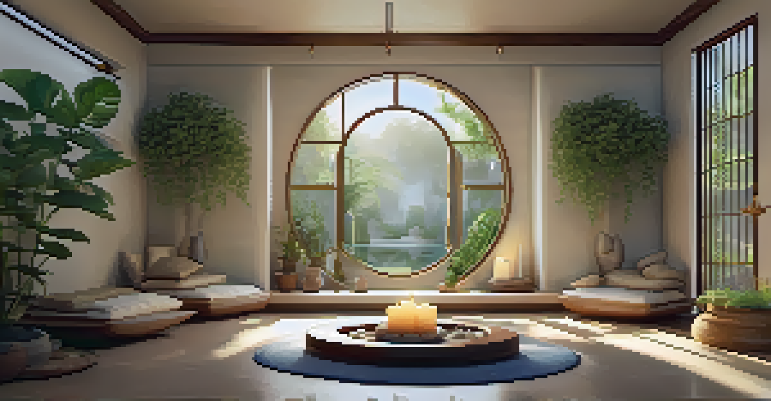 A cozy meditation room with cushions and an altar, overlooking a tranquil garden.