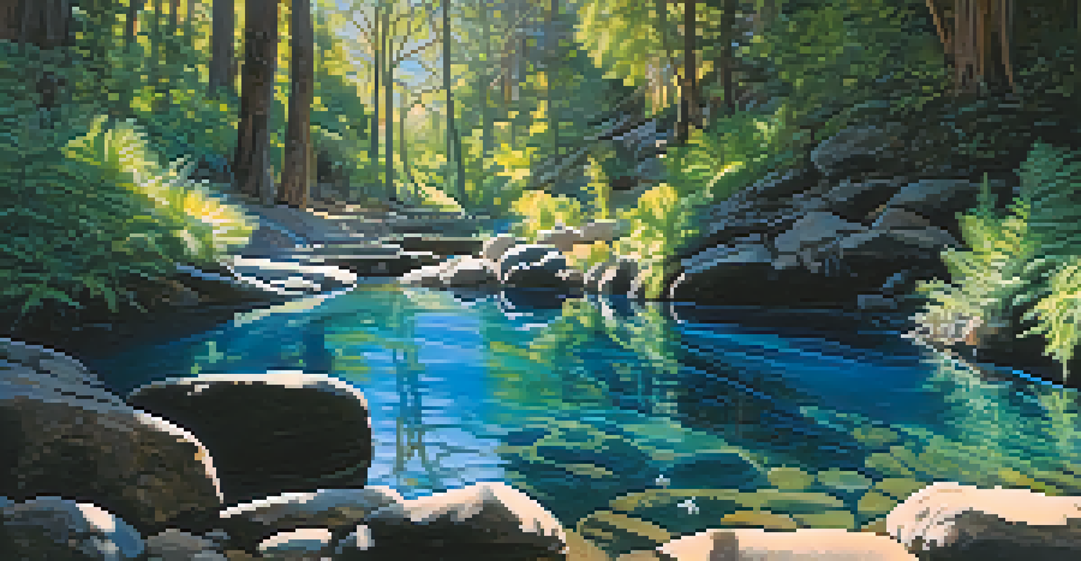 Close-up of the vibrant blue natural springs in Carlsbad, California with a silhouette of the Water Nymph in the background.