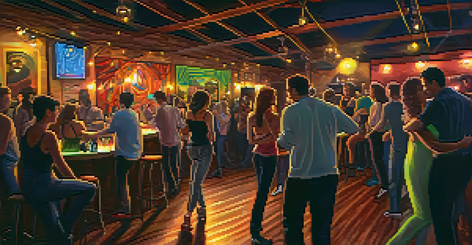 A cozy dance setting at The Electric Lounge with dim lighting and eclectic decor, featuring people dancing together.