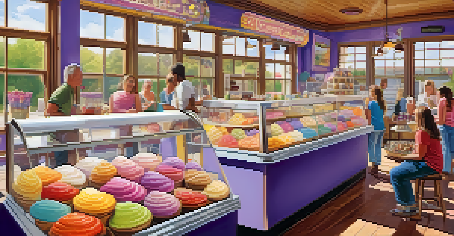 An artisan ice cream shop showcasing vibrant and unique flavors, filled with happy customers and cheerful decor.
