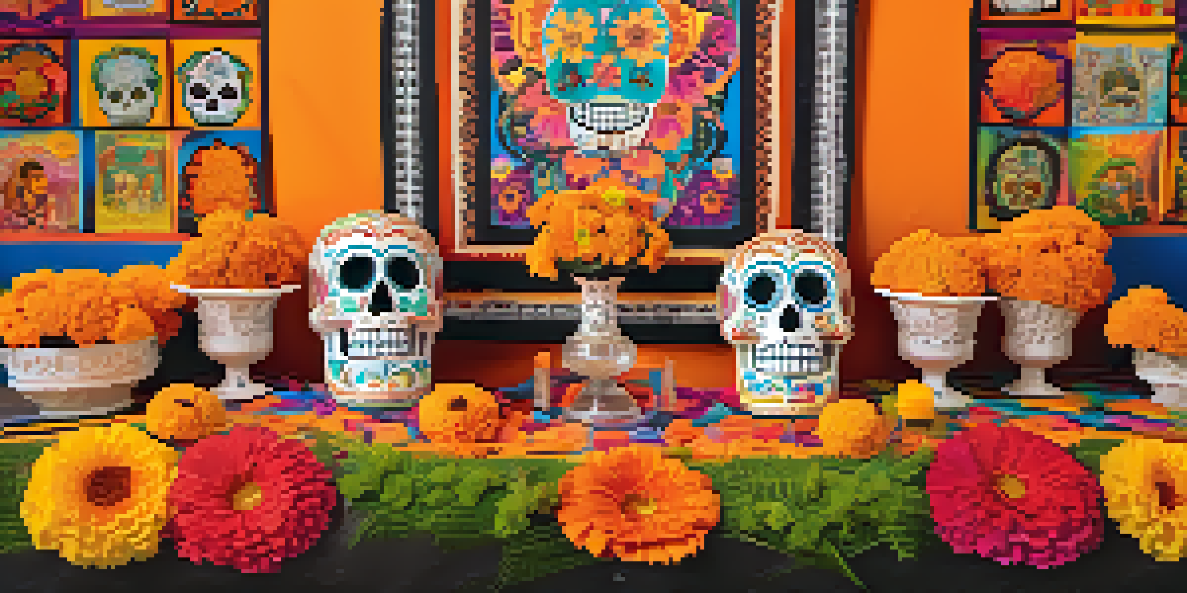 A colorful altar for Dia de los Muertos with marigolds, candles, and sugar skulls, illuminated warmly.