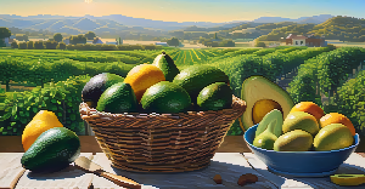 A close-up of a basket filled with avocados and citrus fruits against a backdrop of green fields and a blue sky, representing Carlsbad's agricultural richness.