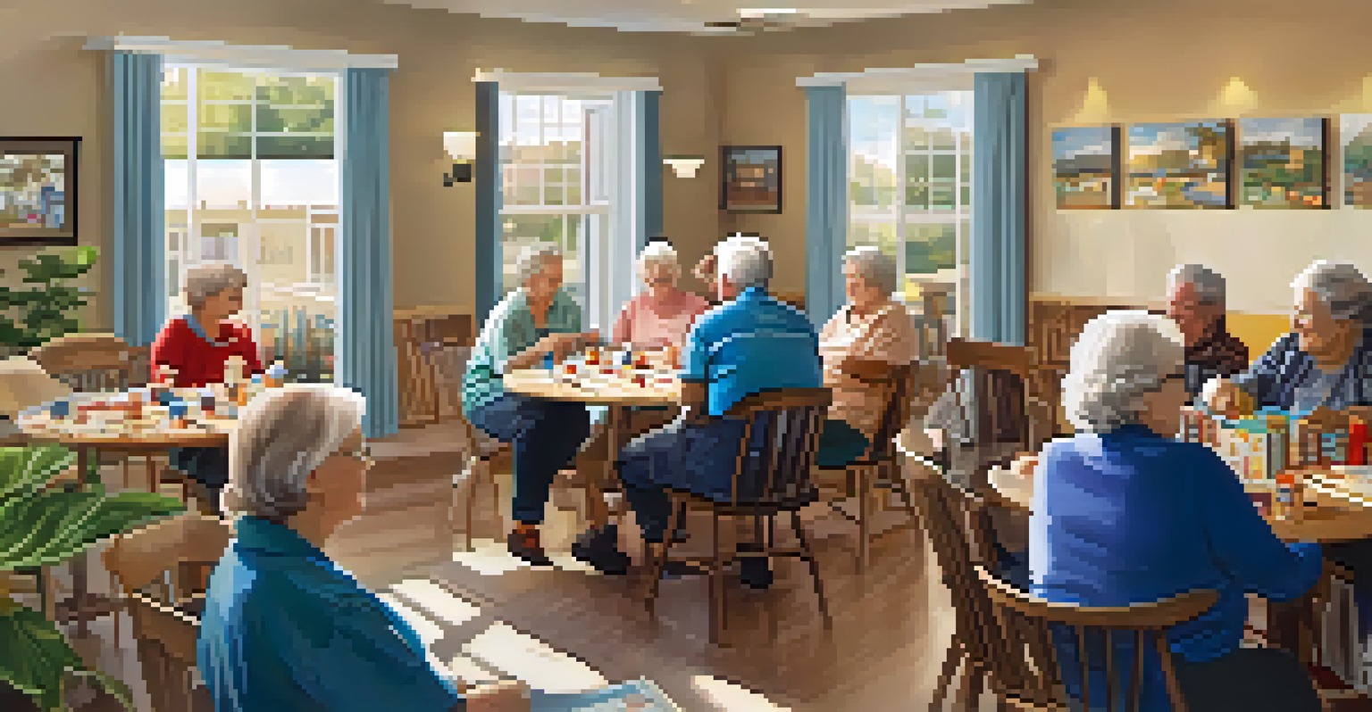 A senior center in Carlsbad with older adults playing board games and engaging in crafting activities, surrounded by a warm and inviting atmosphere with natural light from large windows.