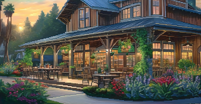 A scenic craft distillery in Carlsbad with a wooden structure surrounded by greenery and colorful flowers, featuring a table of artisanal spirit bottles.