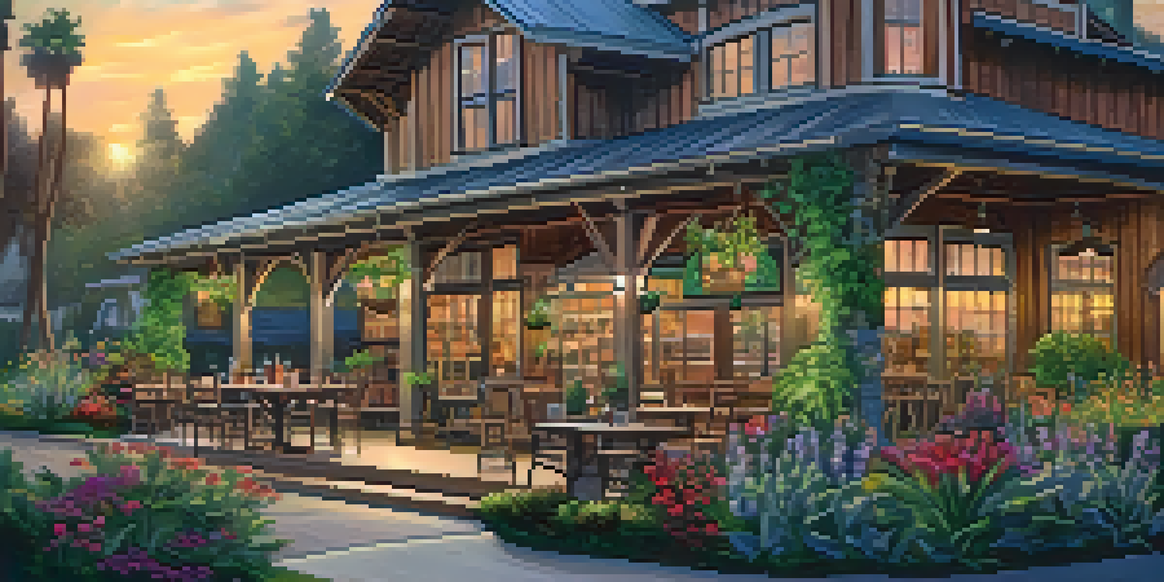 A scenic craft distillery in Carlsbad with a wooden structure surrounded by greenery and colorful flowers, featuring a table of artisanal spirit bottles.