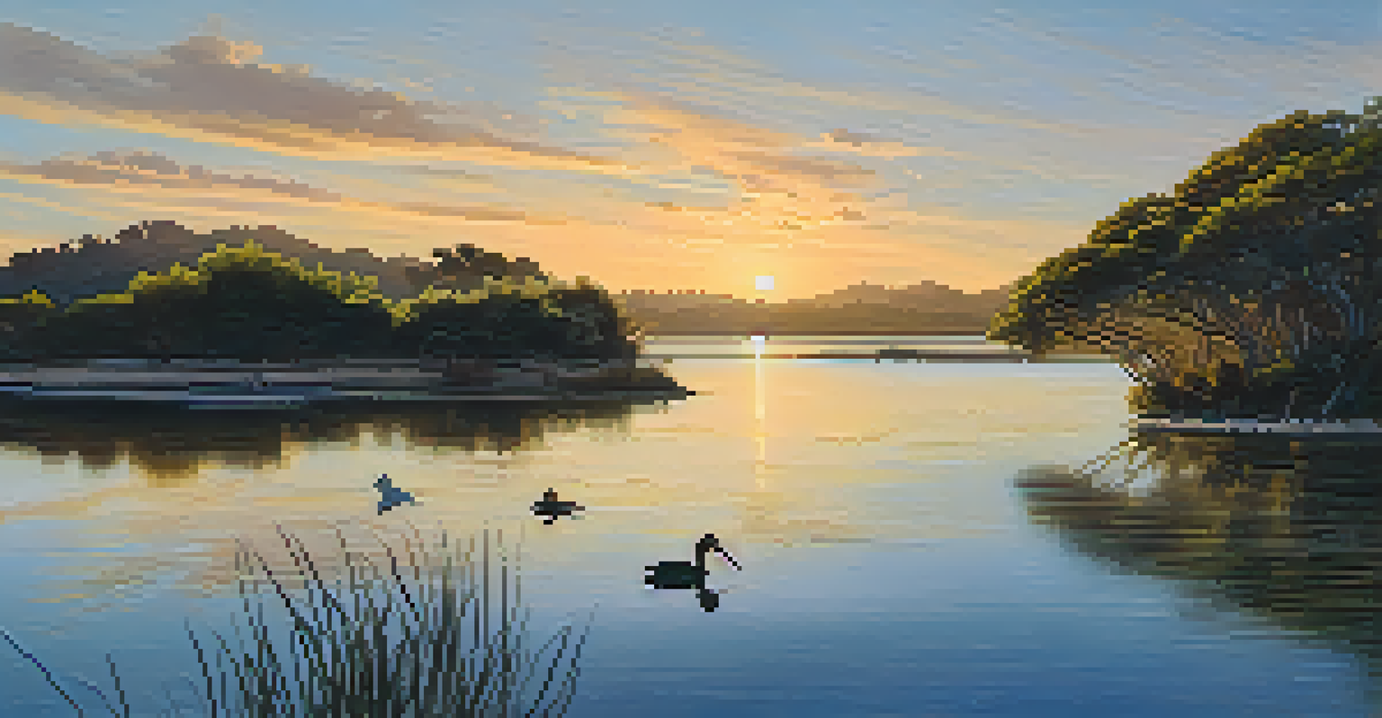 A tranquil lagoon scene at Batiquitos Lagoon with birds and golden hour lighting reflecting on the water.