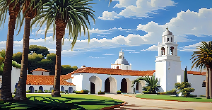 A historical mission building surrounded by gardens and palm trees on a sunny day.