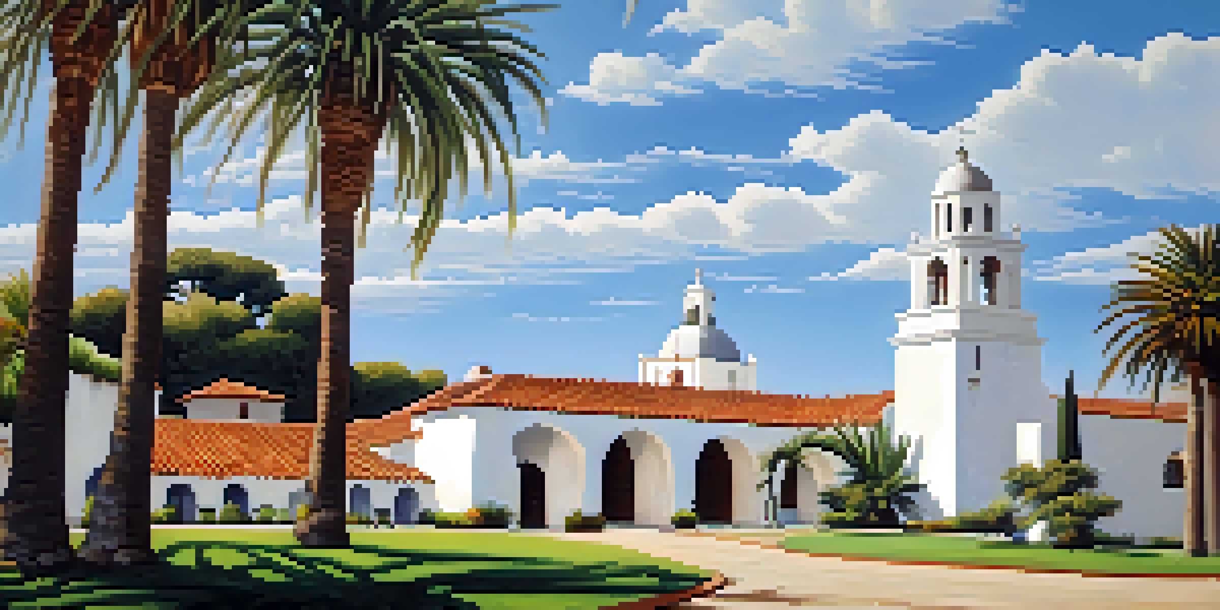 A historical mission building surrounded by gardens and palm trees on a sunny day.