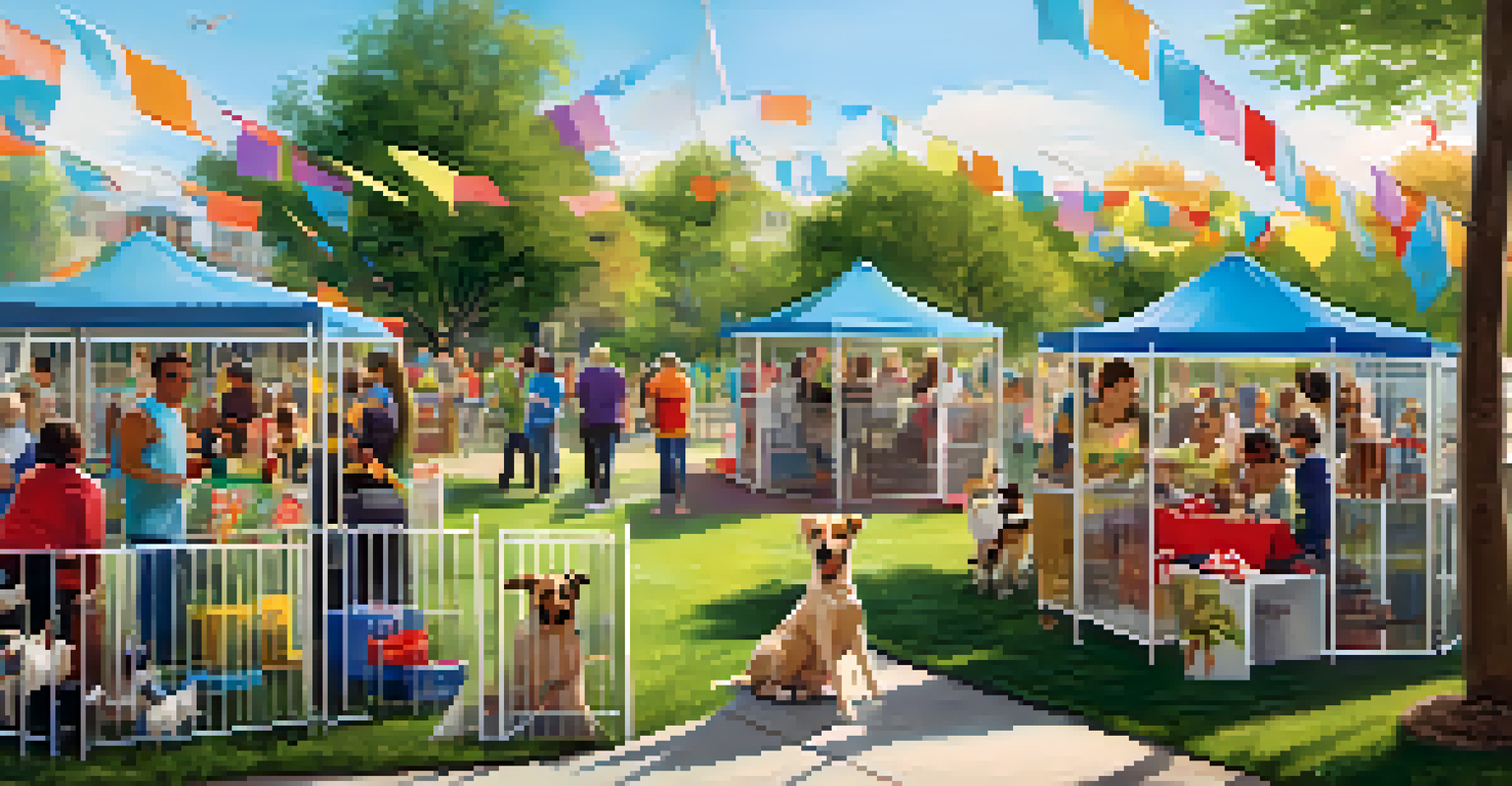 A lively pet adoption event in a park with people and animals, showcasing joy and excitement.
