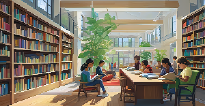 An inviting public library with wooden bookshelves, cozy reading nooks, and diverse individuals reading and studying in a bright environment.
